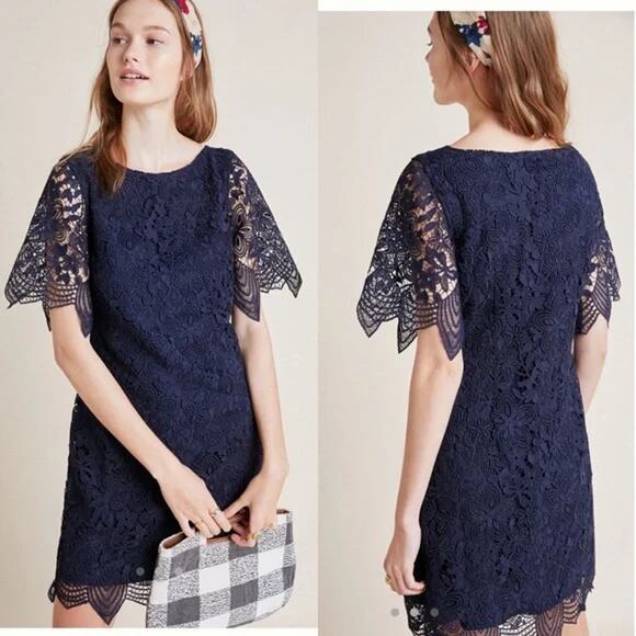 Anthropologie Charleston Lace Mini Dress Navy Blue Floral Short Sleeve Sz 0 - Picture 1 of 8